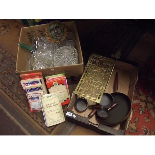 190 - Rectangular brass trivet, OS maps, box of glassware, etc.