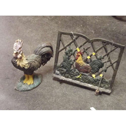 216 - Cast metal cockerel bookstand and doorstop.