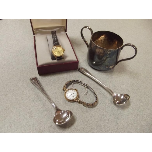 226 - Zenith ladies wristwatch, one other ladies wristwatch, pair of plated mustard spoons, etc.