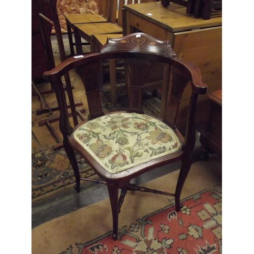 274 - Inlaid mahogany Edwardian corner chair having pierced fan back, open arms, needlework seat and on sl... 