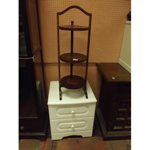 312 - Three-tier folding cake stand, and a two drawer bedside chest. (2)