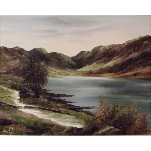 313 - Gilt framed oil painting - lake scene, 15 in. x 19 in.