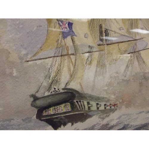 338 - Bert Crotchlow, framed and glazed watercolour - sailing vessels in battle, 20 in. x 26 in.