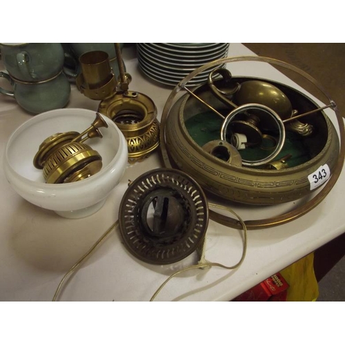 343 - Brass bowl, oil lamp parts, etc.