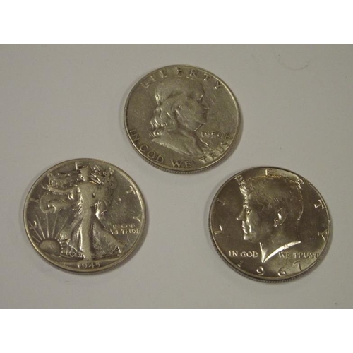 54 - Three USA silver Half-Dollar coins, 1943, 1950 and 1967.