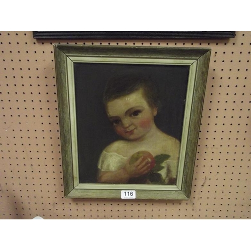 116 - 19th Century oil painting on board - head and shoulder portrait of a young child with apple, 12 in. ... 