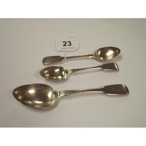 23 - Victorian silver spoon, Exeter 1846, and two silver teaspoons, London 1872.