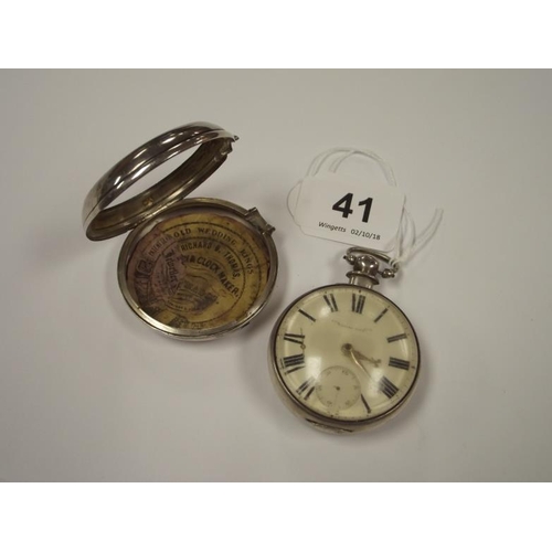 41 - Antique silver pair cased pocket watch, Improved Patent, with fusee movement.