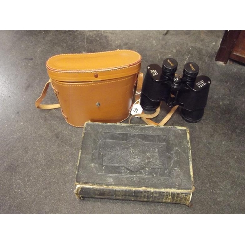 59 - Pair of Zenith 10 x 50 binoculars, camera tripod in bag, and a 19th Century Bible.