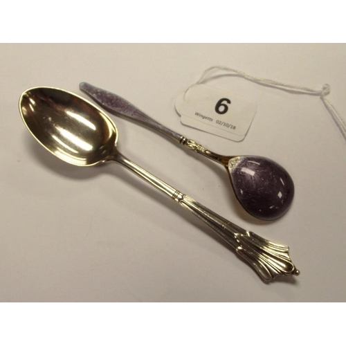 6 - Norwegian silver gilt and purple enamel spoon, with a Victorian silver spoon, London 1893.