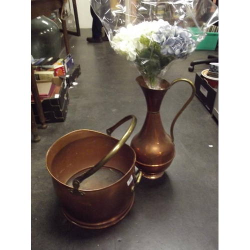 88 - Large copper coal scuttle, copper jug, etc.