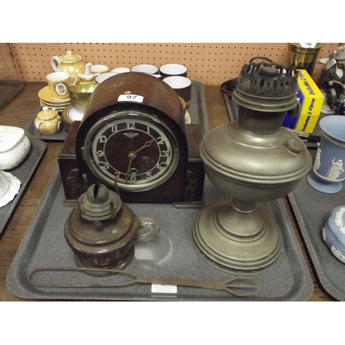 97 - Oak cased dome top mantle clock, two oil lamps, etc.