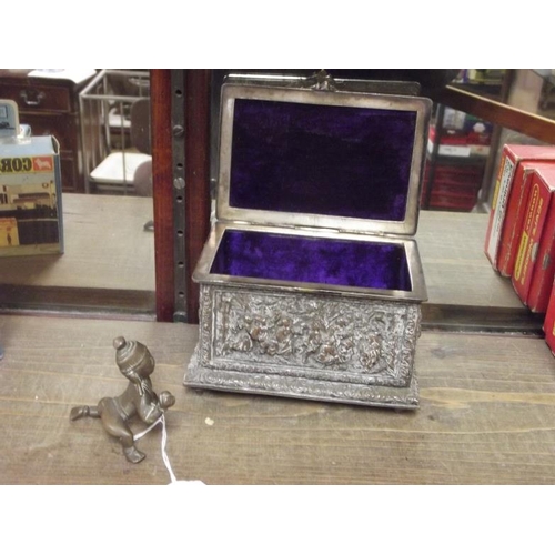 122 - Ornate 19th Century cast metal casket, and a small bronze figure.