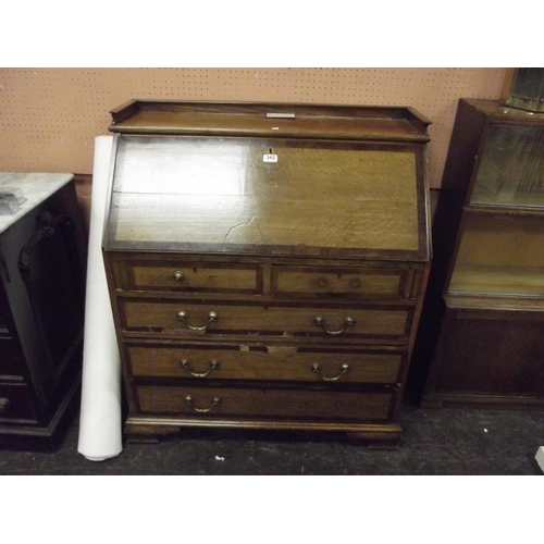 342 - Antique oak bureau, cross-banded fall front revealing a fitted interior above two short and three lo... 