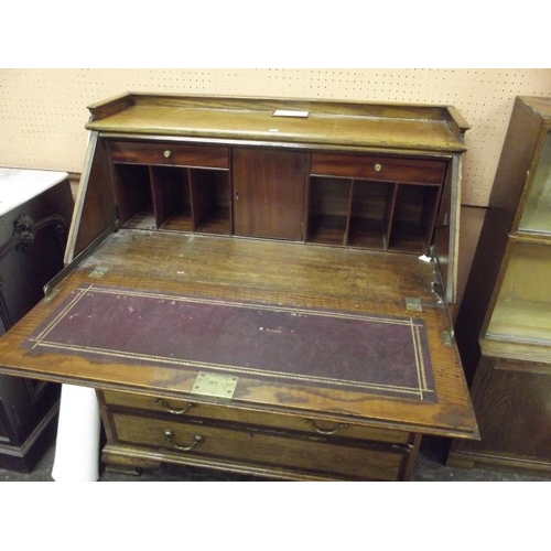 342 - Antique oak bureau, cross-banded fall front revealing a fitted interior above two short and three lo... 