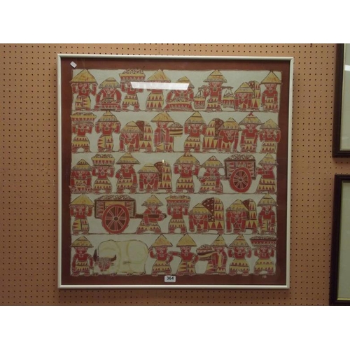 364 - Framed and glazed print on cloth - Aztec scene.