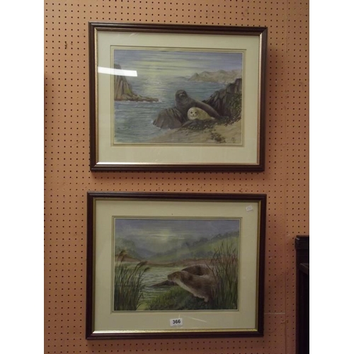 366 - MW, two framed and glazed watercolours - sea lion and her pup, and an otter.