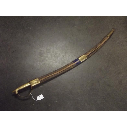 7 - Indian sword with 32in. curved blade, brass handle, with scabbard.