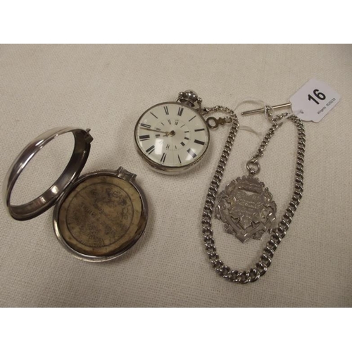 16 - William IV silver pair cased pocket watch, Birmingham 1836, with a silver 13.5 in. graduated link wa... 