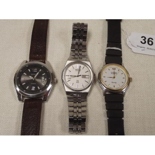 36 - Seiko gents wristwatch, Citron gents wristwatch, and one other.