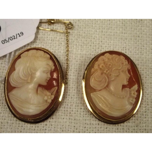 5 - Oval cameo portrait brooch in 9 ct. yellow gold mount, and one other cameo brooch.