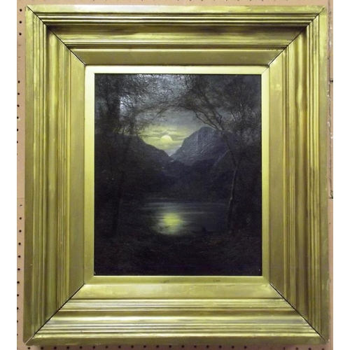 102 - 19th Century oil painting on canvas - moonlit lake view, 11.75 in. x 9.75 in.