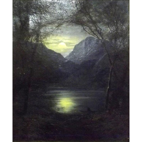 102 - 19th Century oil painting on canvas - moonlit lake view, 11.75 in. x 9.75 in.