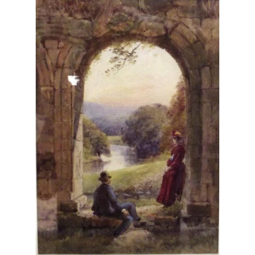 105 - J. Sowden, 19th Century watercolour - figures by an arch with river beyond, 10.25 in. x 7.5 in.