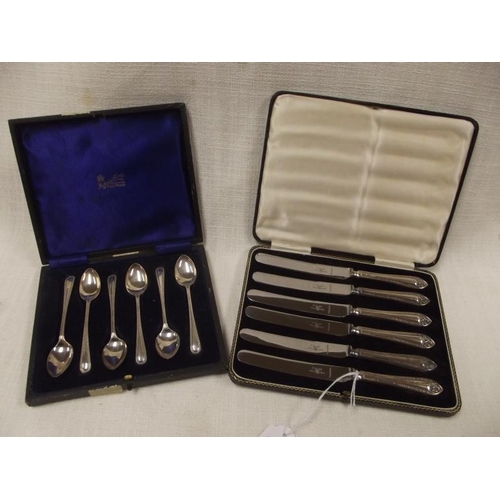 168 - Cased set of six silver teaspoons, and a cased set of six silver handled dessert knives.