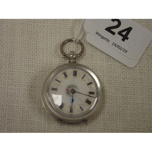 24 - Continental white metal ladies fob watch.