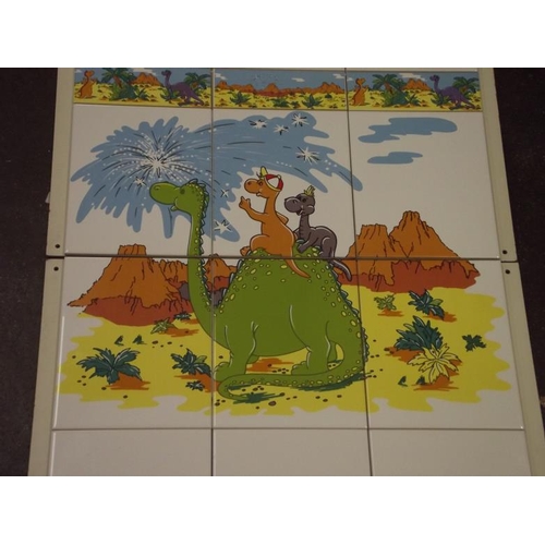 29 - Villeroy and Boch retro six tile panel, Dinosaurs, with border, 42 in. x 23.5 in. overall.