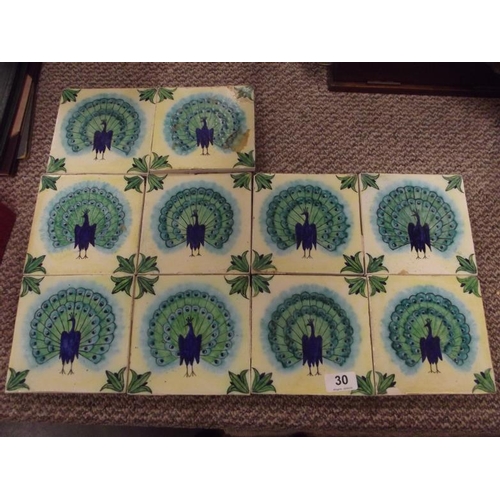 30 - Ten 6 in. ceramic tiles, handpainted peacock design.