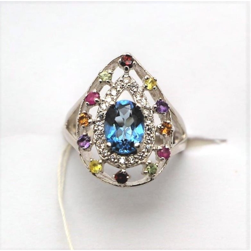 95 - Art Deco design silver pear-drop ring set with mixed semi-precious stones, size K.