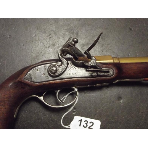 132 - Antique silver mounted flintlock pistol with brass blunderbuss barrel, lockplate marked Grice, butt ... 