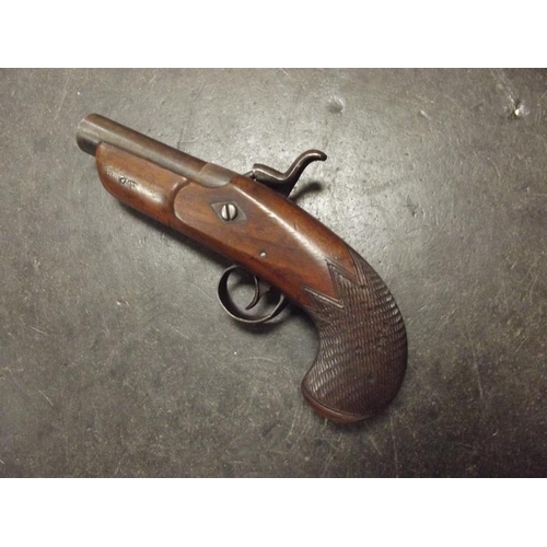 133 - 19th Century percussion pocket pistol, 2.5 in. barrel, plain lockplate, chequered walnut grip.