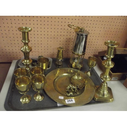 268 - Vintage miner's lamp, miniature lamp, brassware, etc.