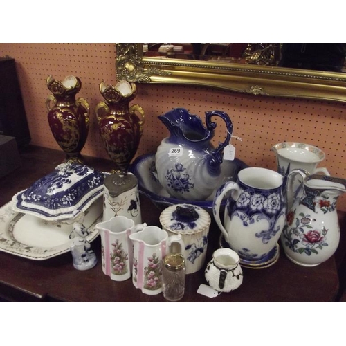 269 - Blue and white jug and bowl, pair of gilt highlighted vases, floral jug, etc.