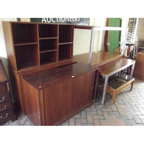 356 - Suite of retro walnut office furniture to include three desks, side cabinet, pigeon holes, and one o... 