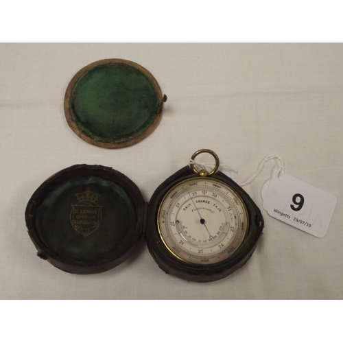 9 - 19th Century gilt cased pocket barometer with thermometer, in leather outer case, E. Lennie, Edinbur... 