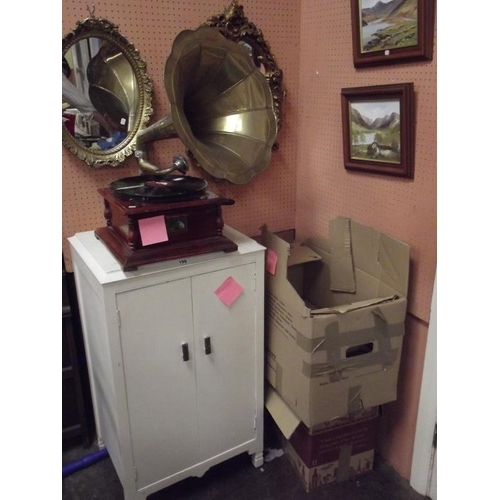 198 - 'His Masters Voice' gramophone player, large collection of records, and a painted cabinet.