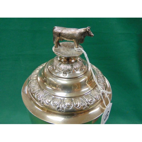 10 - Silver lidded cup having cow form finial engraved May Day Show, Riding Class won by 'Sports Man' pre... 