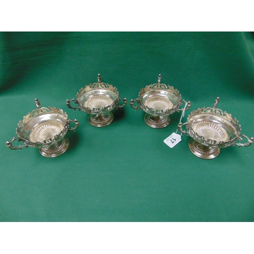 17 - Set of four silver sweetmeat dishes decorated with swans and figural handles, maker William Burwash ... 