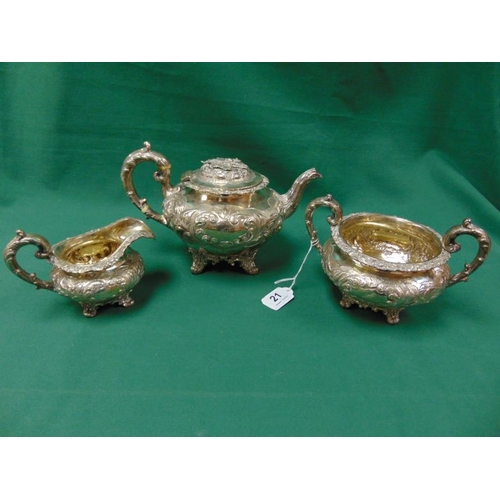 21 - Antique silver three piece silver tea service, comprising teapot, milk jug and sugar bowl, all havin... 