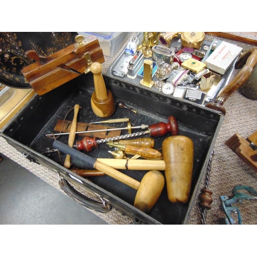 1 - Good collection of vintage/antique hand tools, including a plough plane, lignum vitae mallet, brass ... 
