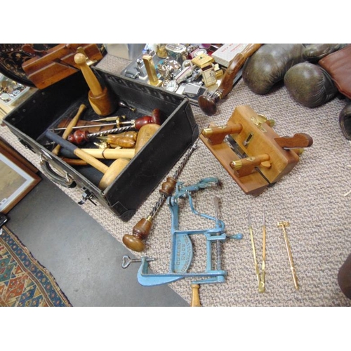1 - Good collection of vintage/antique hand tools, including a plough plane, lignum vitae mallet, brass ... 