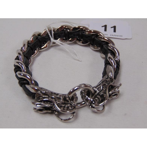 11 - Gents steel and leather 'Dragons head' bracelet.