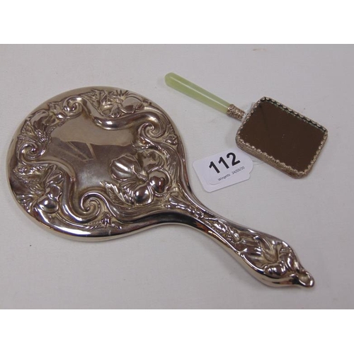 112 - Small Oriental hand mirror with Jadeite handle and another hand mirror.