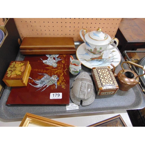 179 - Oriental sugar bowl, plate, scarab beetle, miniature copper kettle, etc.