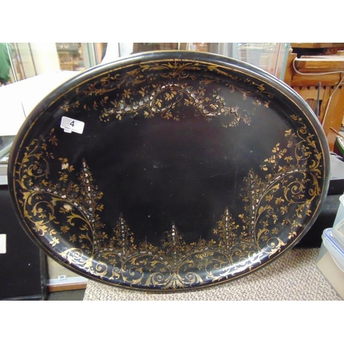 4 - Oval black lacquered papier mache tea tray.