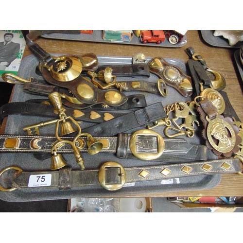 75 - Various antique leather horse straps, brasses, etc.